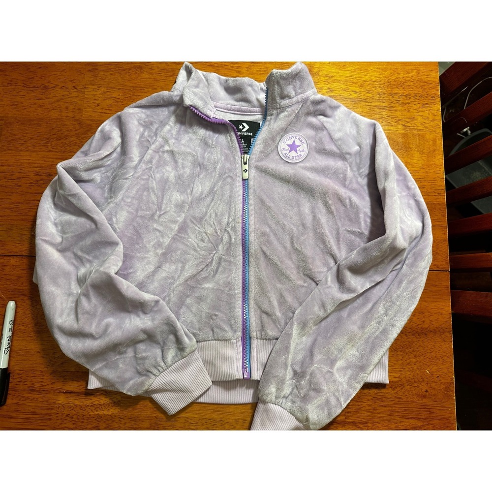 Converse Girls Lavender Velour Full Zip Track Jacket Ruched Sleeve Large 12-13Y